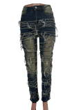 Casual Solid Color Ripped Mid Waist Skinny Denim Jeans
