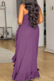 Sexy Solid Color Strap Design Ruffled Trim V Neck Long Plus Size Dresses