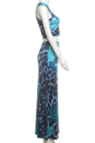 Elegant Print Patchwork Oblique Collar Sleeveless Two Pieces