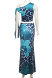 Elegant Print Patchwork Oblique Collar Sleeveless Two Pieces