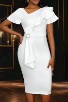 Elegant Solid Color Flounce Asymmetrical Collar Wrapped Skirt Dresses