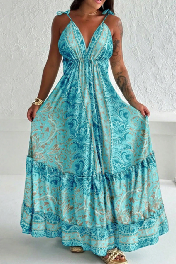 Elegant Print Strap Design Spaghetti Strap Long Plus Size Dresses