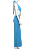 Sexy Solid Color Hollow Out Deep V Neck Long Dresses
