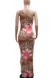 Sexy Leopard Print Slit Oblique Collar Long Dresses