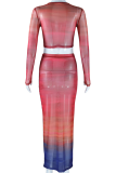 Elegant Gradient Patchwork O Neck Long Sleeve Two Pieces