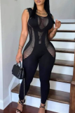 Sexy Solid Color See-Through O Neck Skinny Jumpsuits