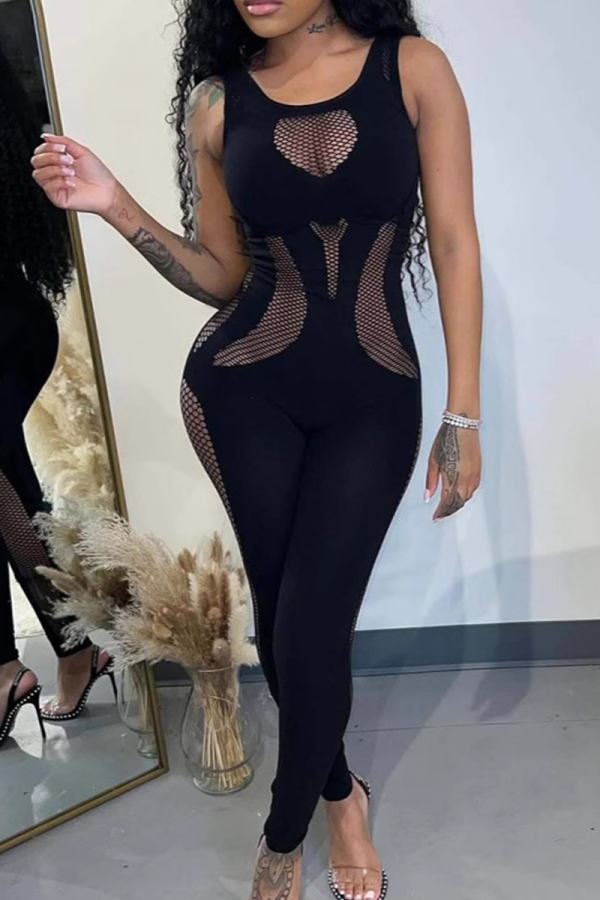 Sexy Solid Color See-Through O Neck Skinny Jumpsuits
