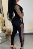Sexy Solid Color See-Through O Neck Skinny Jumpsuits