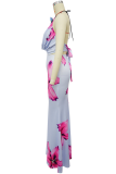 Sexy Print Hollow Out Backless Halter Sleeveless Two Pieces