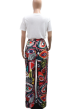 Casual Print O Neck Short Sleeve Two Pieces