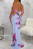 Sexy Print Hollow Out Backless Halter Sleeveless Two Pieces
