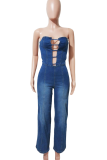 Sexy Solid Color Backless Strapless Regular Jumpsuits