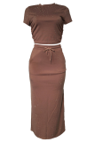 Elegant Solid Color Draw String O Neck Short Sleeve Two Pieces