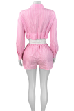 Casual Stripe Buckle Turndown Collar Long Sleeve Two Pieces