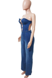 Sexy Solid Color Backless Strapless Regular Jumpsuits