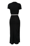 Elegant Solid Color Draw String O Neck Short Sleeve Two Pieces