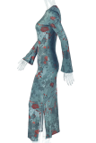 Sexy Print Slit O Neck Long Dresses