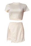 Sexy Solid Color Slit O Neck Short Sleeve Two Pieces