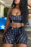 Sexy Print U Neck Sleeveless Two Pieces