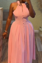 Sexy Solid Color Buckle O Neck Long Dresses