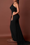 Elegant Solid Color Ruched Oblique Collar Long Dresses