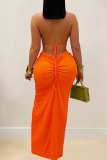 Sexy Solid Color Hollow Out Backless Halter Long Dresses