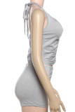 Sexy Solid Color Buckle U Neck Sleeveless Two Pieces