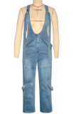 Casual Solid Color Zipper Spaghetti Strap Sleeveless Regular Denim Jumpsuits