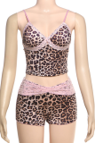 Sexy Leopard Print Lace Spaghetti Strap Sleeveless Two Pieces