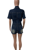 Casual Solid Color Buckle Turndown Collar Short Sleeve Regular Denim Jumpsuits