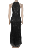 Elegant Solid Color Sequins Slit O Neck Long Dresses