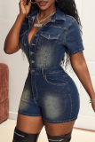 Casual Solid Color Buckle Turndown Collar Short Sleeve Regular Denim Jumpsuits