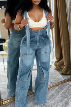 Casual Solid Color Zipper Spaghetti Strap Sleeveless Regular Denim Jumpsuits