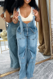 Casual Solid Color Zipper Spaghetti Strap Sleeveless Regular Denim Jumpsuits