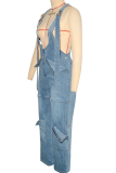 Casual Solid Color Zipper Spaghetti Strap Sleeveless Regular Denim Jumpsuits