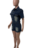 Casual Solid Color Buckle Turndown Collar Short Sleeve Regular Denim Jumpsuits