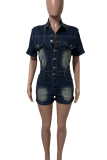 Casual Solid Color Buckle Turndown Collar Short Sleeve Regular Denim Jumpsuits
