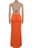 Sexy Solid Color Hollow Out Backless Halter Long Dresses
