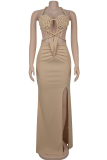 Sexy Solid Color Hollow Out Backless Halter Long Dresses