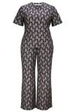 Casual Daily Print O Neck Plus Size Two Pieces