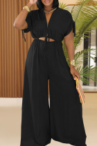 Casual Solid Color Hollow Out Draw String V Neck Loose Jumpsuits