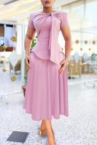 Elegant Solid Color Strap Design O Neck Short Sleeve Two Pieces
