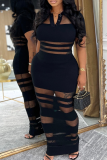 Casual Solid Color See-Through Turndown Collar Long Dresses