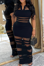 Casual Solid Color See-Through Turndown Collar Long Dresses