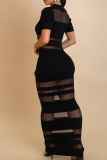 Casual Solid Color See-Through Turndown Collar Long Dresses