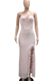 Elegant Solid Color High Slit Feather Trim Spaghetti Strap Evening Dresses