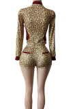 Sexy Leopard Print Draw String Zipper Contrast Zipper Collar Long Sleeve Two Pieces