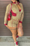 Sexy Leopard Print Draw String Zipper Contrast Zipper Collar Long Sleeve Two Pieces