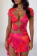 Sexy Print Slit Irregular Asymmetrical Collar Short Sleeve Two Pieces