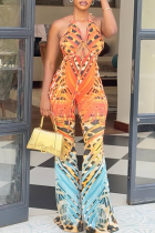 Sexy Print Backless Strap Design Halter Boot Cut Jumpsuits